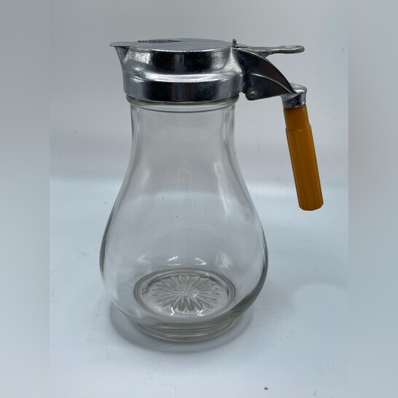 Vintage Syrup Dispenser Green Bakelite Handle & Glass Potbelly Jar - Picture 1 of 3